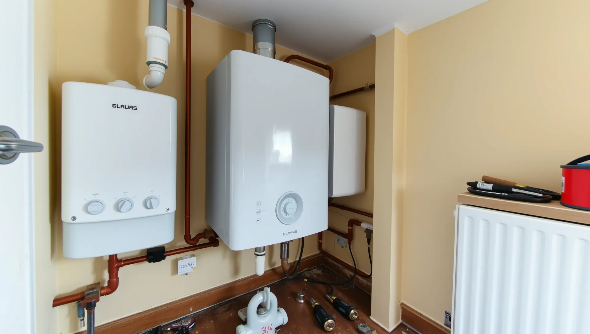 A képen egy modern gázkazán látható, amelyet a HydroArt Kft. telepített Öskün, az épületgépészet területén. A fehér kazán mellett piros csövek futnak, míg a falon egy termosztát található. A helyiségben egy radiátor is látható, amely az épületgépészeti munkálatok részeként került kialakításra. A képen a precíz munka és a modern technológia jól tükröződik.