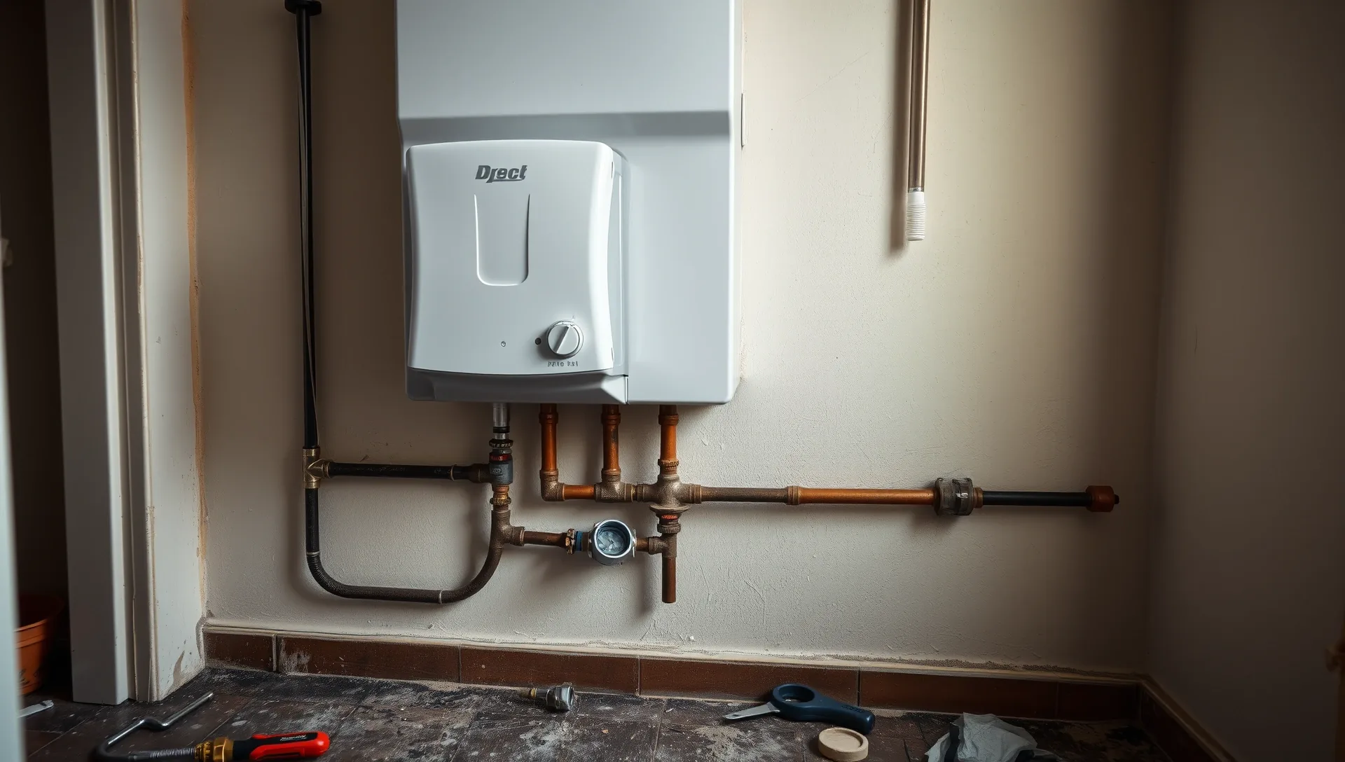 A képen egy modern gázkazán látható, amely az Öskü városában található HydroArt Kft. épületgépészeti szolgáltatásának része. A kazán mellett több rézcső és egy nyomásmérő is látható, amelyek a gázellátást biztosítják. A fal színe világos, a padló burkolata pedig még nem végleges. Az épületgépészet területén végzett munkák minősége tükröződik a részletes kivitelezésben.