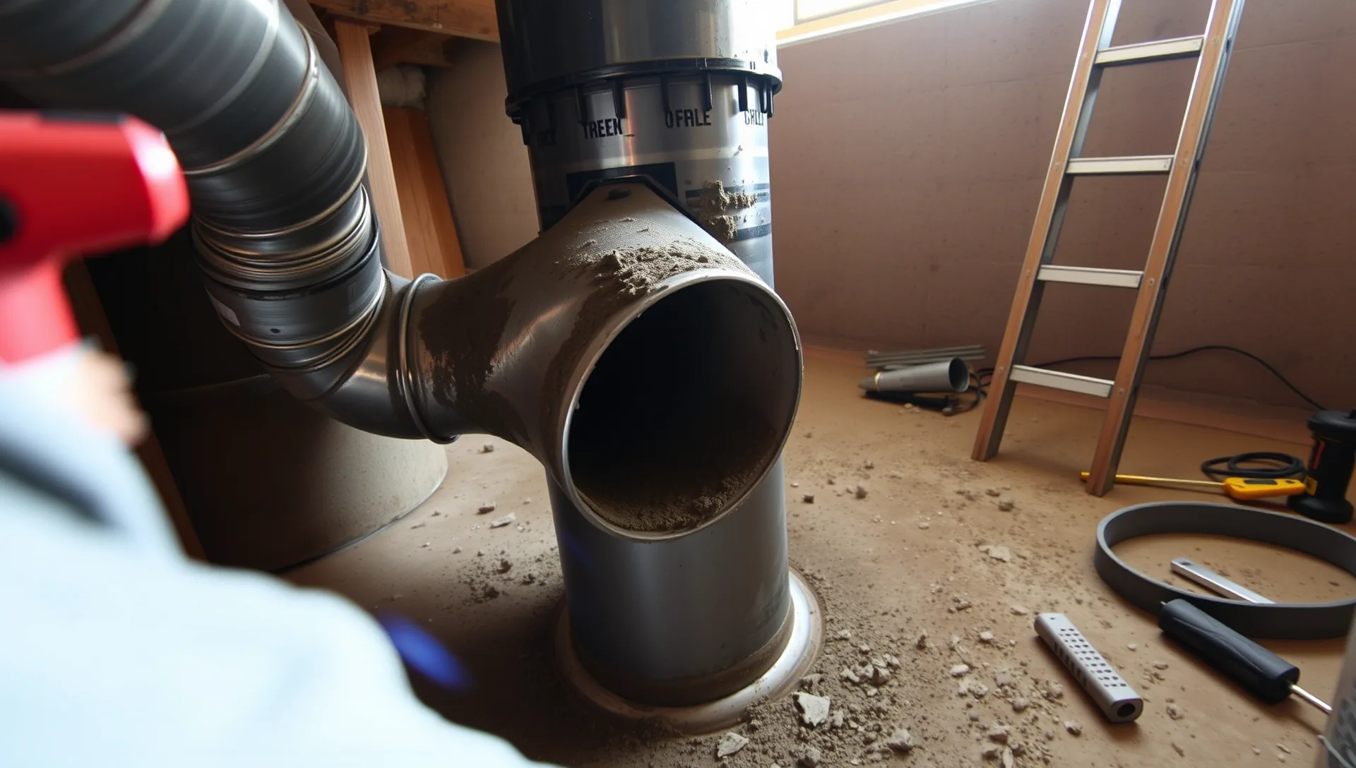 A képen a HydroArt Kft. épületgépészeti szolgáltatásának részeként kéménybélelési folyamat látható. Öskü településen, egy épület belső terében a kéményhez csatlakozó fémcső látható, amelyen por és törmelék található. A háttérben létrát és egyéb szerszámokat is látunk, amelyek a munkát segítik.