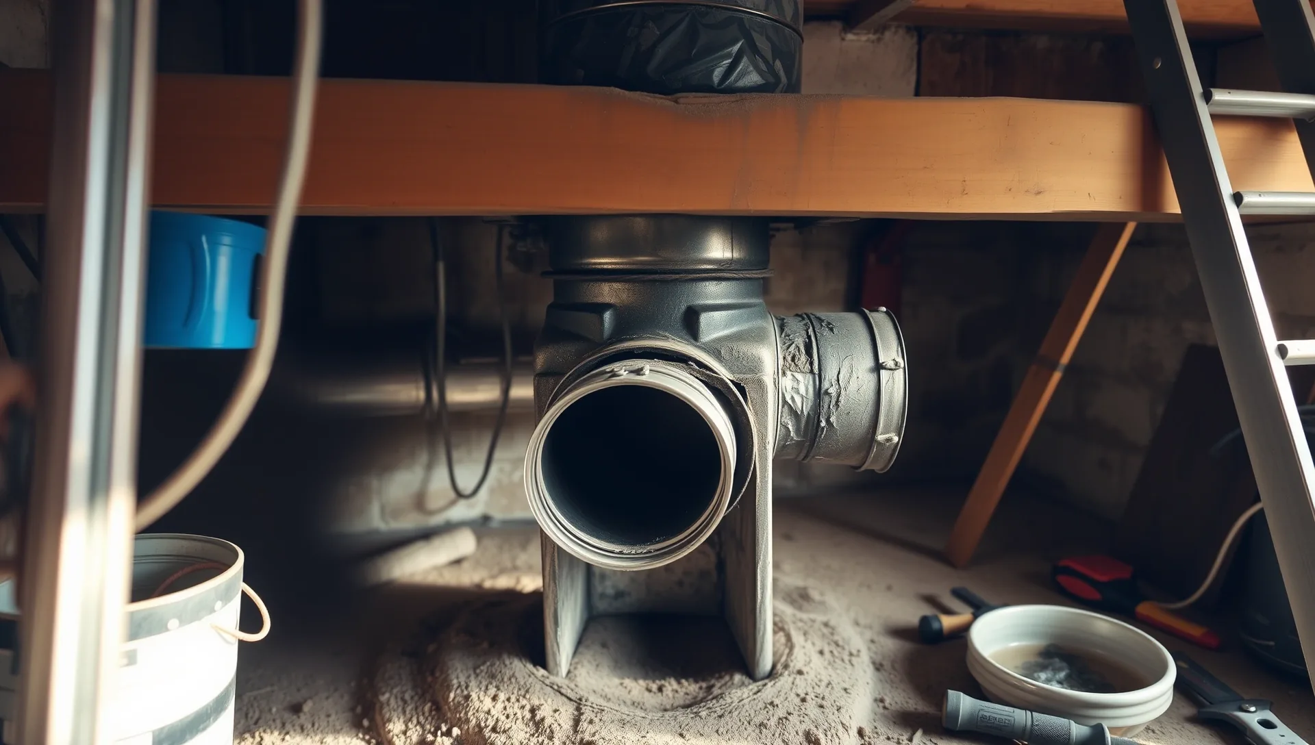 Kép az Ösküben található HydroArt Kft. épületgépészeti munkálatairól, amely a kéménybélelés folyamatát ábrázolja. A képen egy kéménycső látható, amely alacsony helyiségben van elhelyezve, körülötte szerszámok és anyagok találhatóak. A háttérben a munkahelyi környezet és a szükséges eszközök is megfigyelhetők, amelyek a szakszerű kivitelezéshez szükségesek.