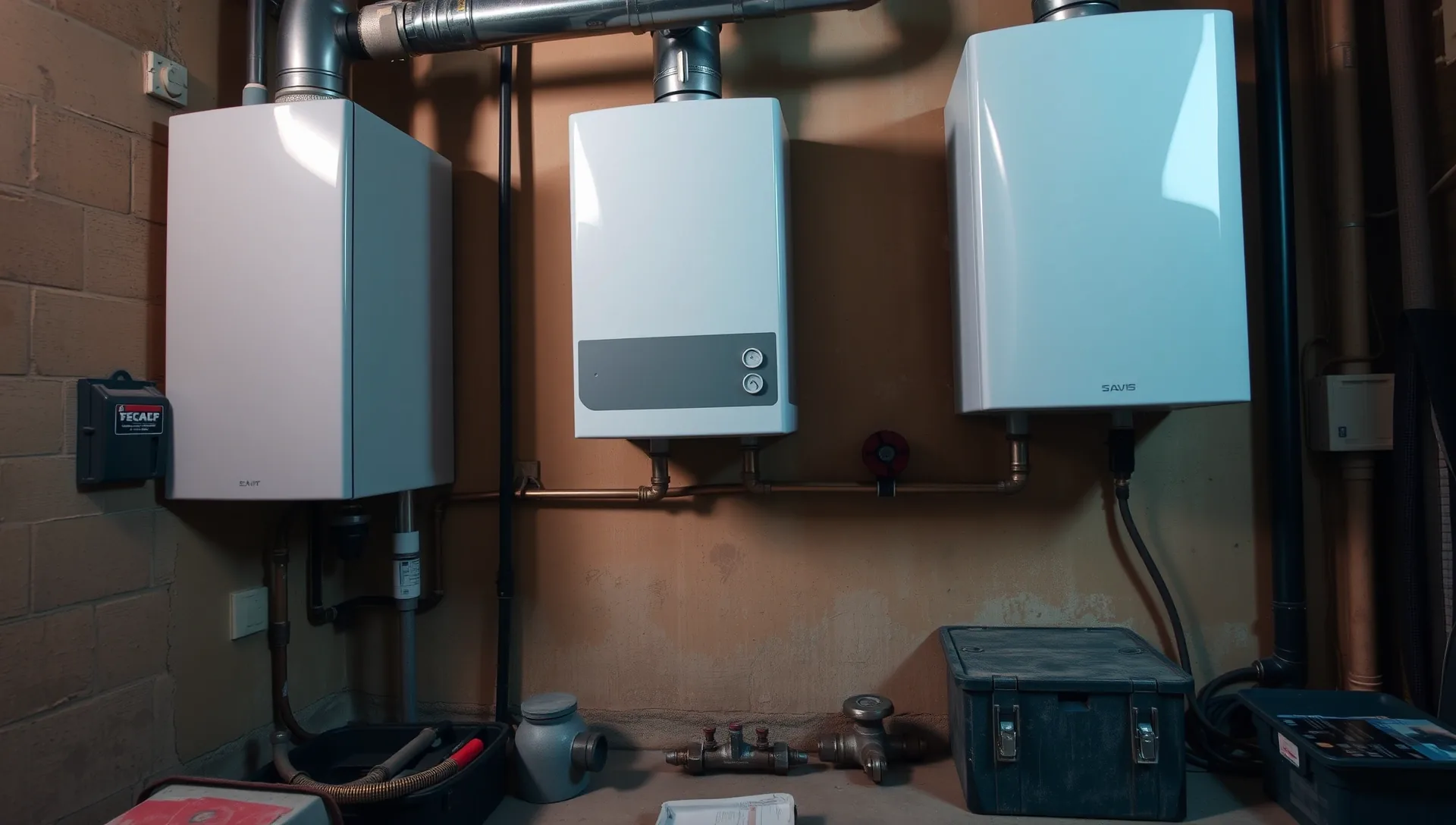 Az Ösküben található HydroArt Kft. épületgépészeti szolgáltatása során telepített kondenzációs kazánok láthatók. A képen három modern kazán helyezkedik el a falon, szakszerűen csövezve. Az alatta lévő munkapulton szerszámok és egy doboz található, amelyek az épületgépészethez kapcsolódó munkálatokhoz szükségesek.