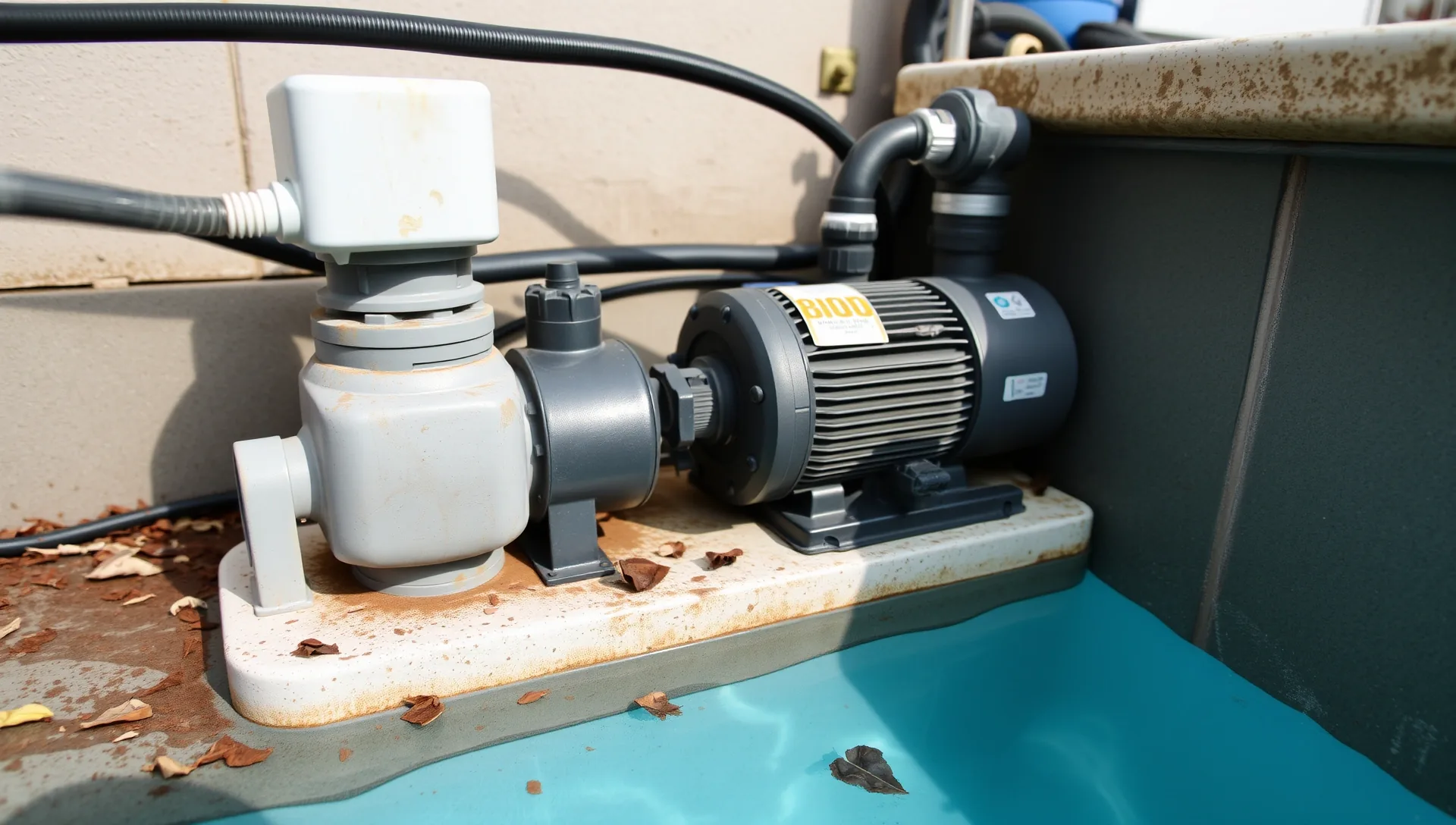A képen egy medence gépészeti rendszer látható, amely a HydroArt Kft. szakértelmét tükrözi Öskün. A vízszűrő és a szivattyú jól láthatóan elhelyezkedik a medence mellett, a víz színével és a környezettel harmonizálva. Az Épületgépészet területén végzett munka minőségét és precizitását hangsúlyozza a képen látható berendezés.