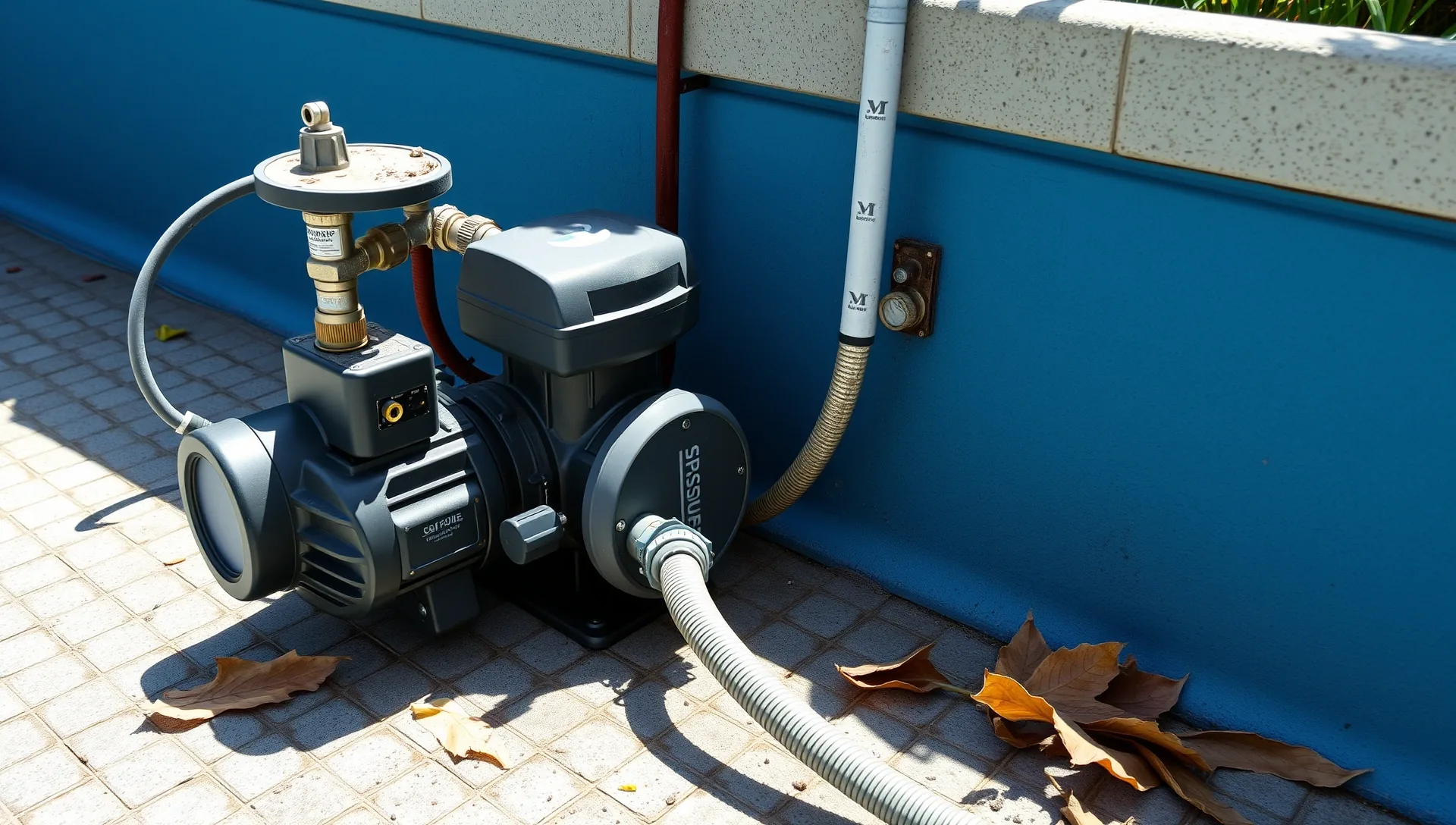 A képen egy medence gépészethez tartozó szivattyú látható, amely a HydroArt Kft. telepítésében készült Öskü városában. A szivattyú szürke színű, és a medence körüli kék falhoz van csatlakoztatva. A csövek és a vízvezetékek jól láthatóak, a padlón pedig őszies falevelek hevernek. Az épületgépészet szakértelme a medence hatékony működtetéséhez elengedhetetlen.