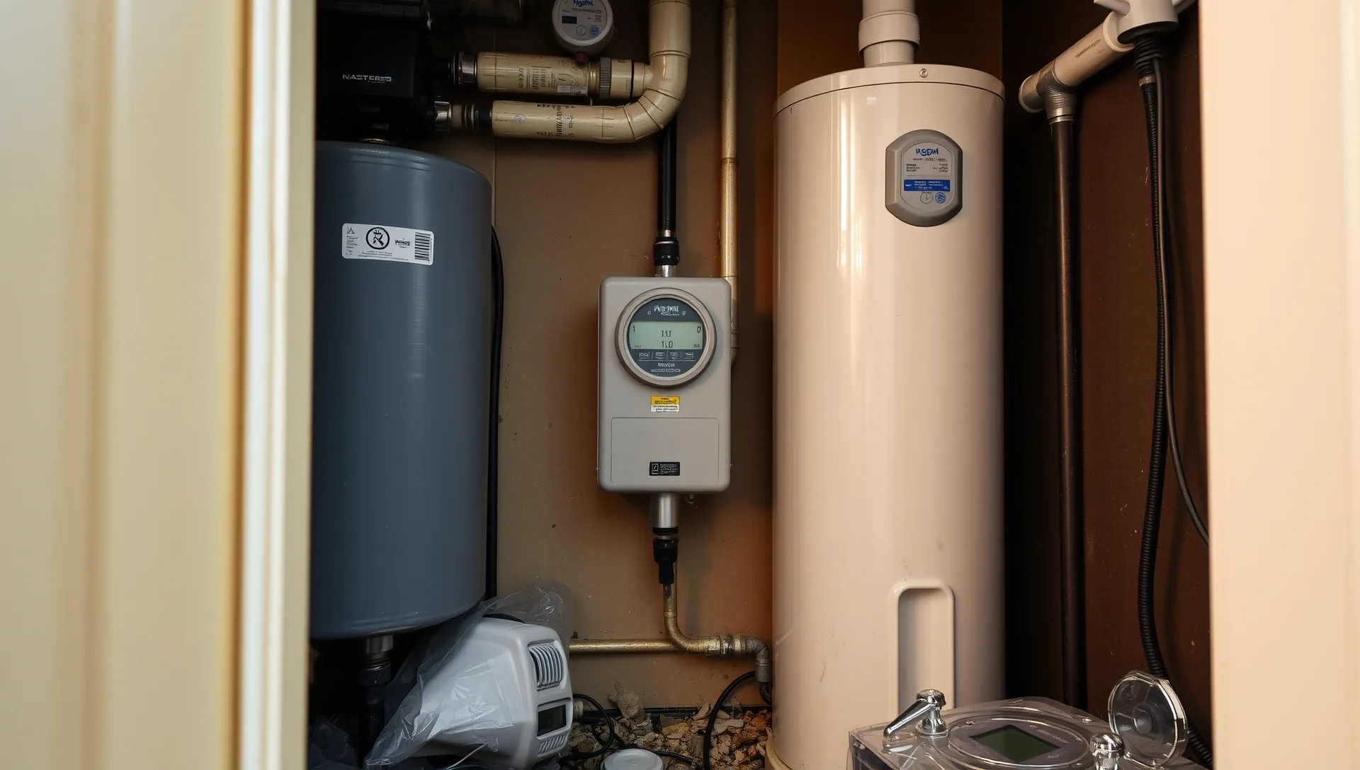 A képen a HydroArt Kft. vízlágyító rendszerének telepítése látható, amely az épületgépészet területén kiemelkedő szolgáltatást nyújt Öskü városában. Az eszközök között egy vízlágyító berendezés és egy vízmérő található, amelyek az optimális vízminőség biztosítására szolgálnak. A rendszer precíz elhelyezése és a szakszerű telepítés a cég szakmai tudását tükrözi.
