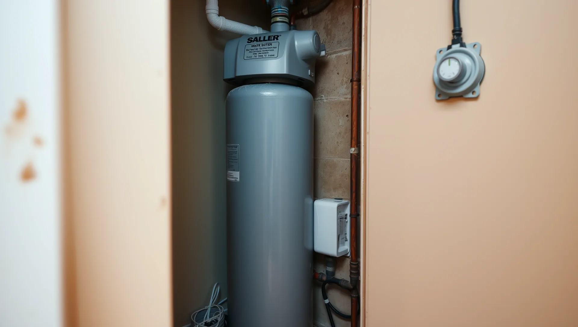A képen egy vízlágyító berendezés látható, amely a HydroArt Kft. épületgépészeti szolgáltatásainak része. A szürke színű vízlágyító a fal mellett helyezkedik el, körülötte az épületgépészethez kapcsolódó csövek és elektromos csatlakozások találhatók. Az Ösküben végzett telepítés jól láthatóan szakszerűen van kivitelezve, biztosítva a hatékony vízkezelést.