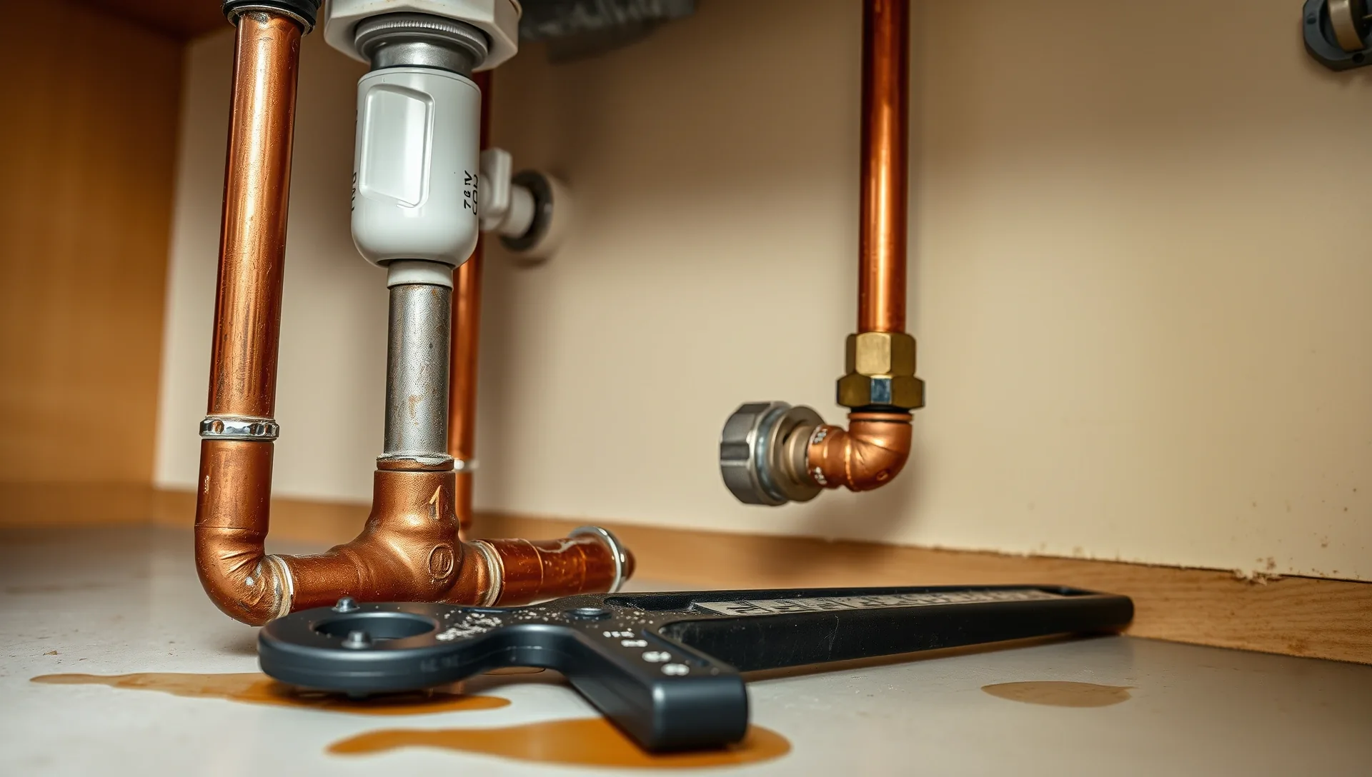 A képen látható egy vízvezeték szerelési munka, amely Öskü városában, a HydroArt Kft. Épületgépészet szolgáltatásának keretében készült. Az alsó szekrényben rézcsövek és egy műanyag csatlakozó látható, valamint egy szerszám, amely a szereléshez szükséges. A felületen vízfoltok utalnak a munkálatokra.