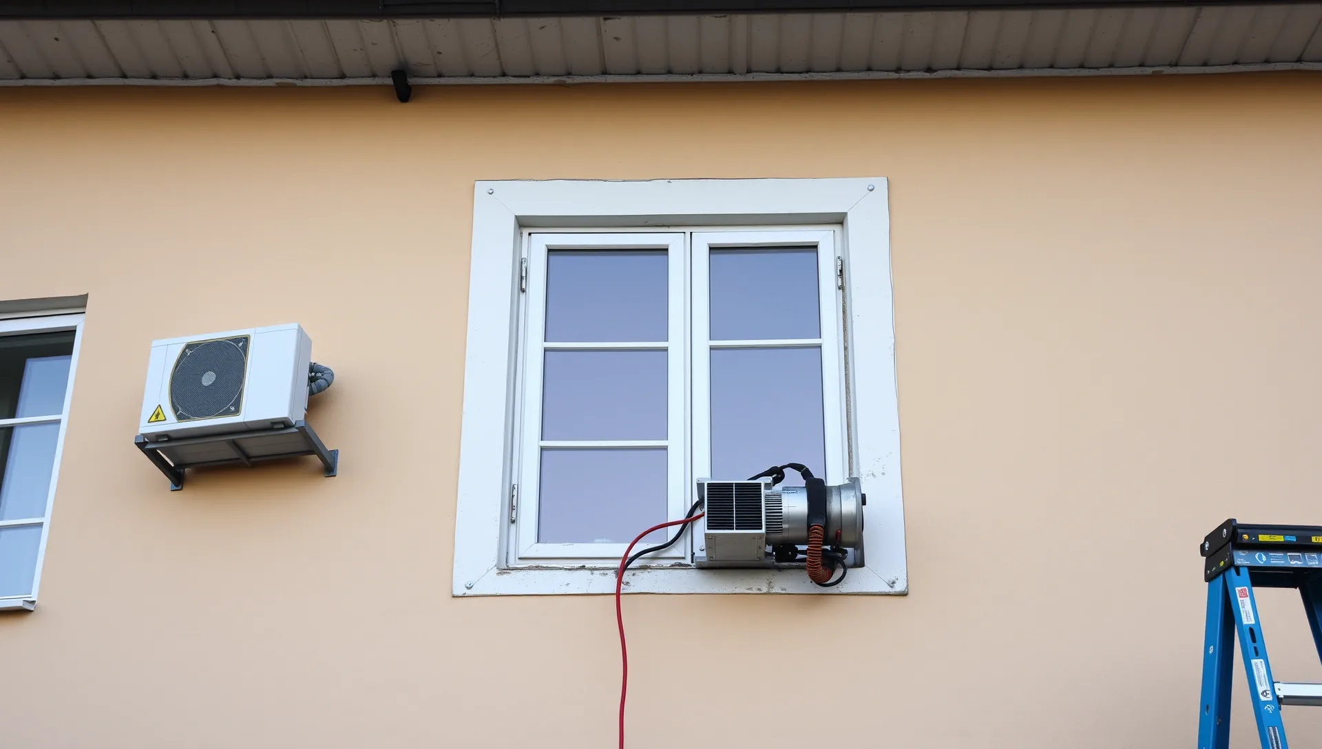 Sümeg városában, a HydroArt Kft. épületgépészeti munkálatai során készült felvétel egy ablakon elhelyezett hűtőberendezésről. Az ablak mellett egy klímaegység található, míg az ablak keretéhez rögzített ventilátor látható. A háttérben lévő létra is a szerelési folyamat része. Az épületgépészet területén végzett munka minőséget tükröző részletei jól láthatók a képen.
