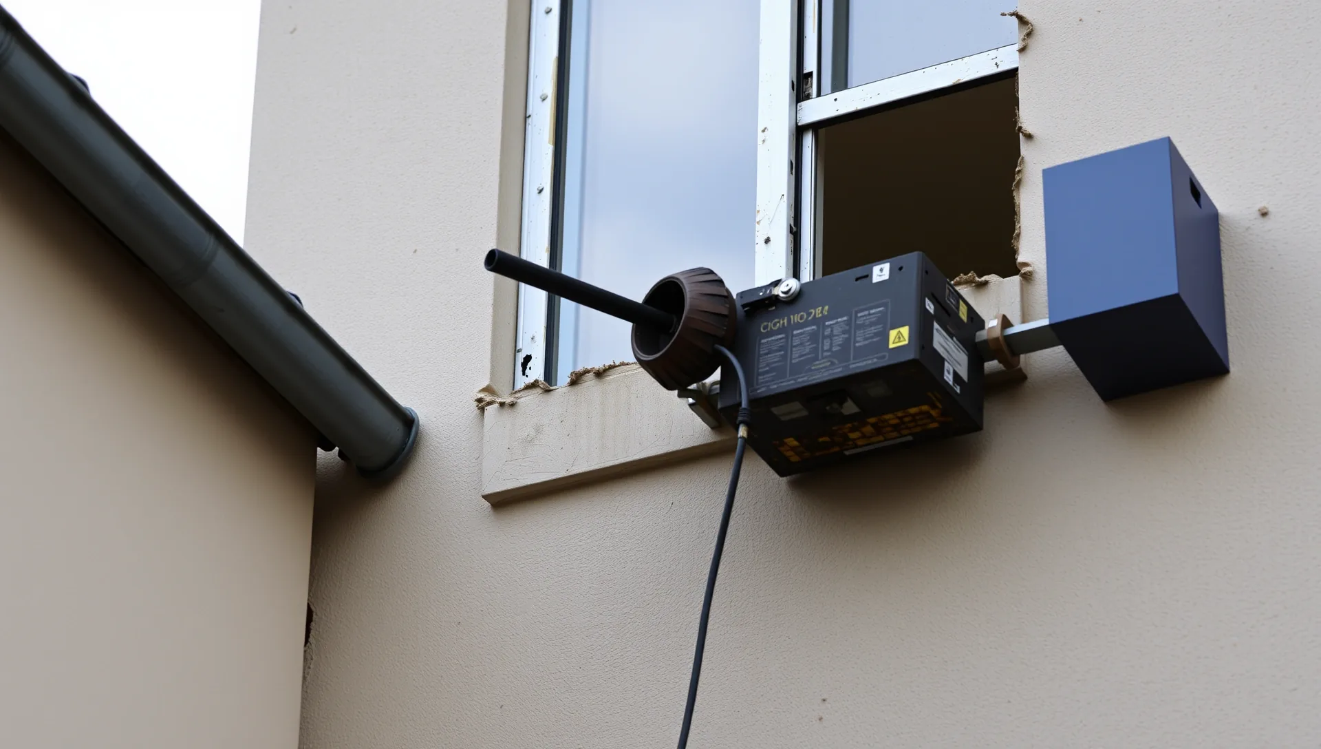 Külső nézet egy épületgépészeti berendezésről, amely a HydroArt Kft. telephelyén található Berhidán. A kép egy falba beépített ventilátort mutat, amely egy ablakkerethez csatlakozik. Az eszköz modern kialakítású, és a csatlakozó vezetékek láthatóak, amelyek a hatékony légáramlás biztosítását szolgálják az épületgépészet területén.